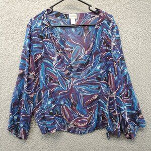 Chico's 100% Silk Blouse Women's L (3) Blue Purple Sheer Long Sleeve Tie Bottom